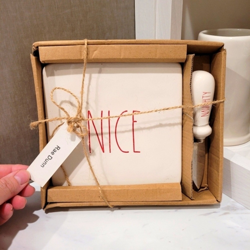 Rae Dunn Ceramic Christmas Trivet Cheese Board Knife Set by Magenta Naughty Nice